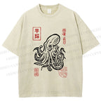 Unisex Vintage Octopus Japanese Printed Washed Tee
