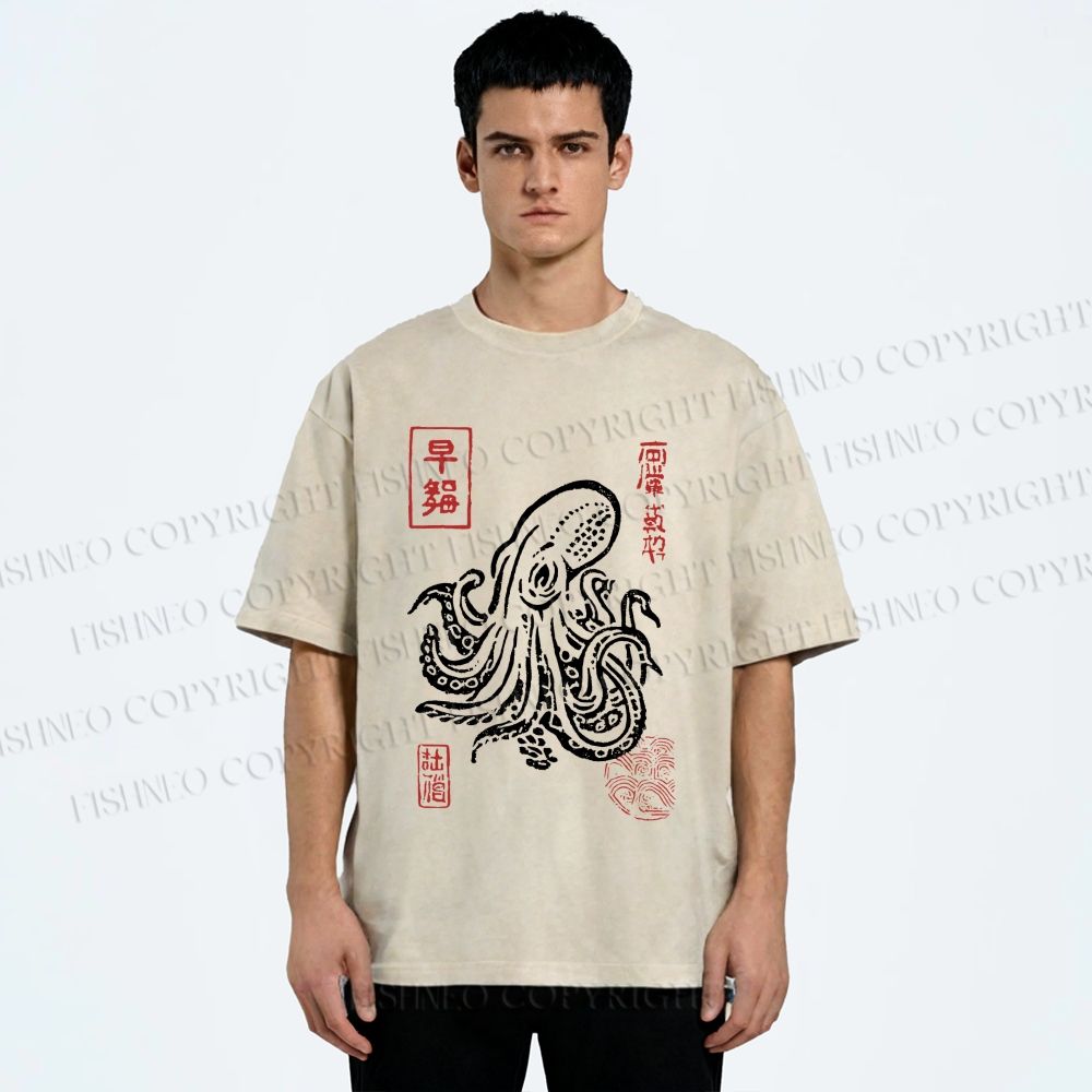 Unisex Vintage Octopus Japanese Printed Washed Tee