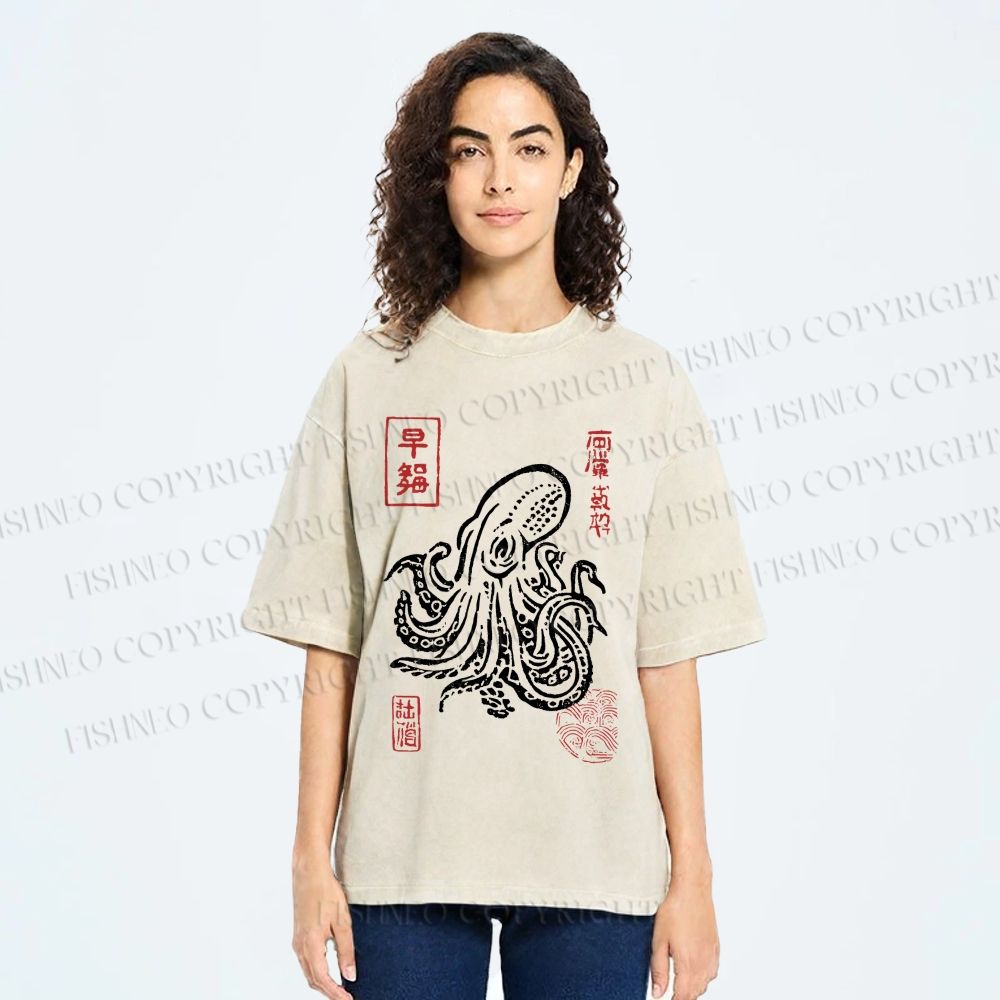 Unisex Vintage Octopus Japanese Printed Washed Tee
