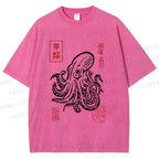 Unisex Vintage Octopus Japanese Printed Washed Tee