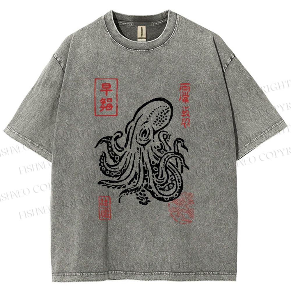 Unisex Vintage Octopus Japanese Printed Washed Tee