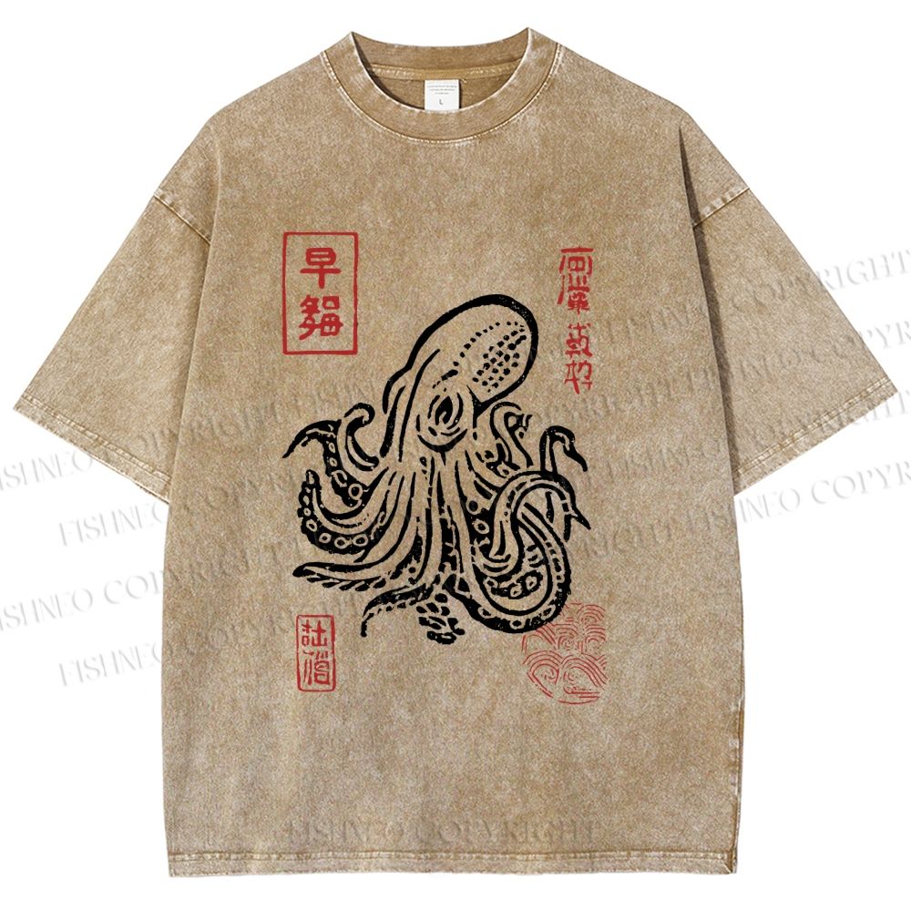 Unisex Vintage Octopus Japanese Printed Washed Tee