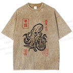 Unisex Vintage Octopus Japanese Printed Washed Tee