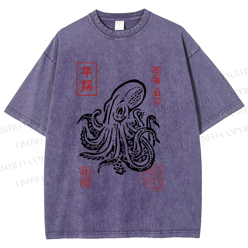 Unisex Vintage Octopus Japanese Printed Washed Tee