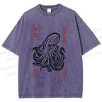 Unisex Vintage Octopus Japanese Printed Washed Tee