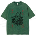 Unisex Vintage Octopus Japanese Printed Washed Tee