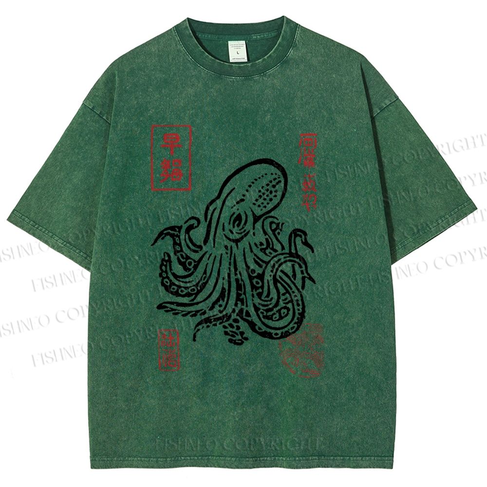 Unisex Vintage Octopus Japanese Printed Washed Tee
