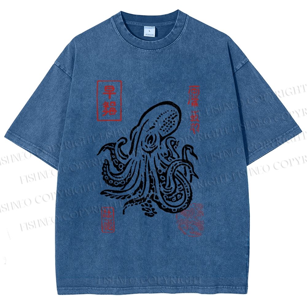 Unisex Vintage Octopus Japanese Printed Washed Tee