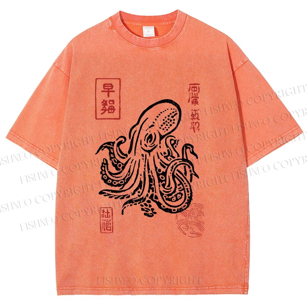 Unisex Vintage Octopus Japanese Printed Washed Tee