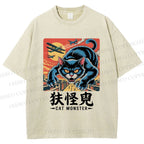 Unisex Cat Monster Printed Washed Tee