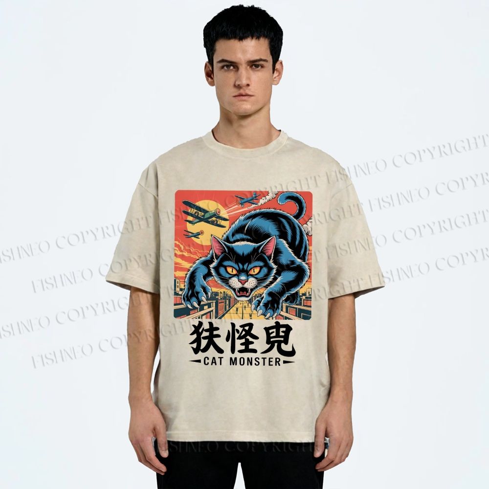 Unisex Cat Monster Printed Washed Tee