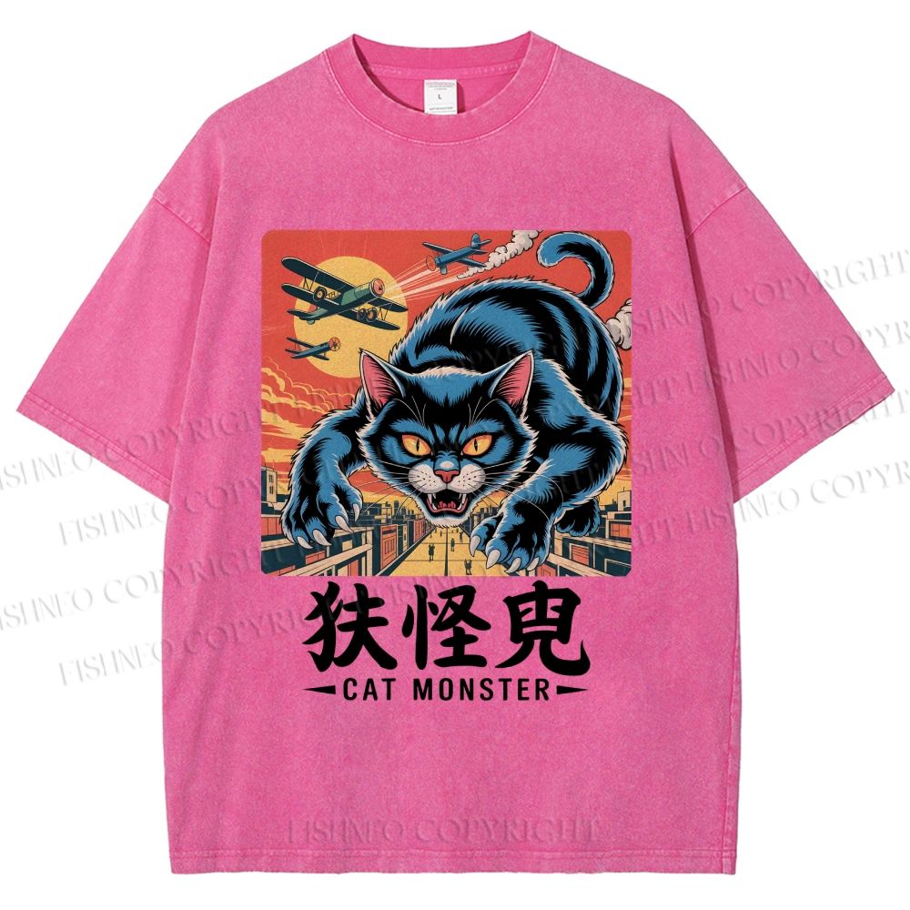 Unisex Cat Monster Printed Washed Tee