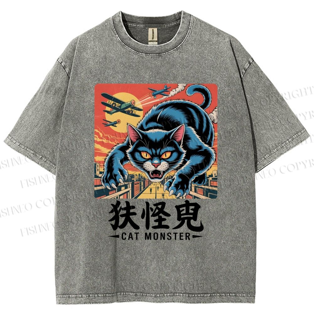 Unisex Cat Monster Printed Washed Tee