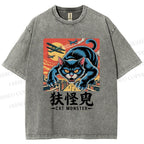 Unisex Cat Monster Printed Washed Tee