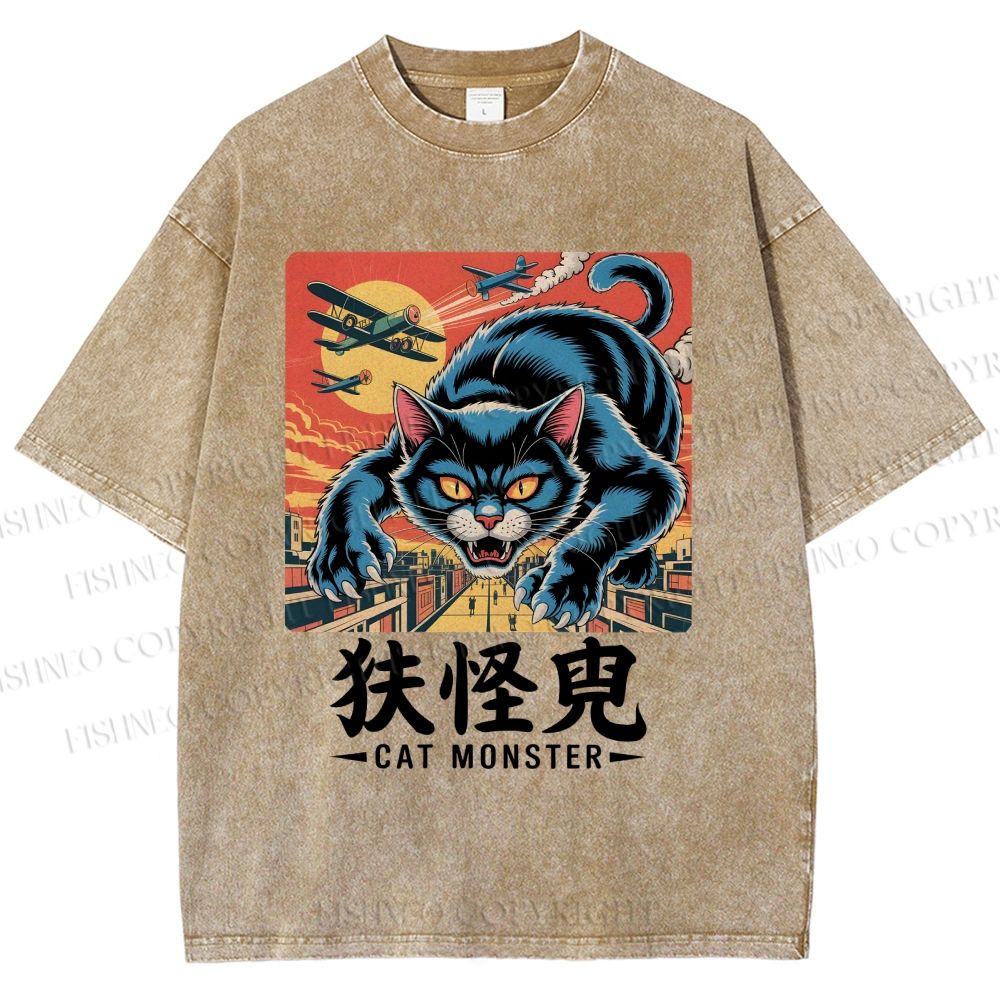 Unisex Cat Monster Printed Washed Tee