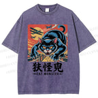 Unisex Cat Monster Printed Washed Tee