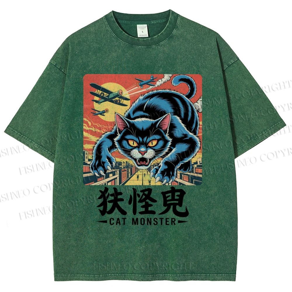Unisex Cat Monster Printed Washed Tee