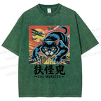 Unisex Cat Monster Printed Washed Tee