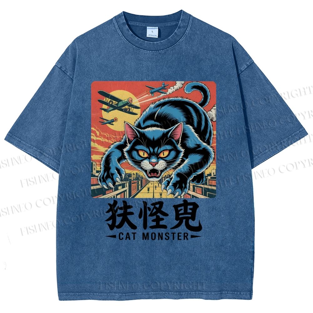 Unisex Cat Monster Printed Washed Tee
