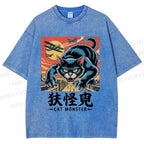 Unisex Cat Monster Printed Washed Tee