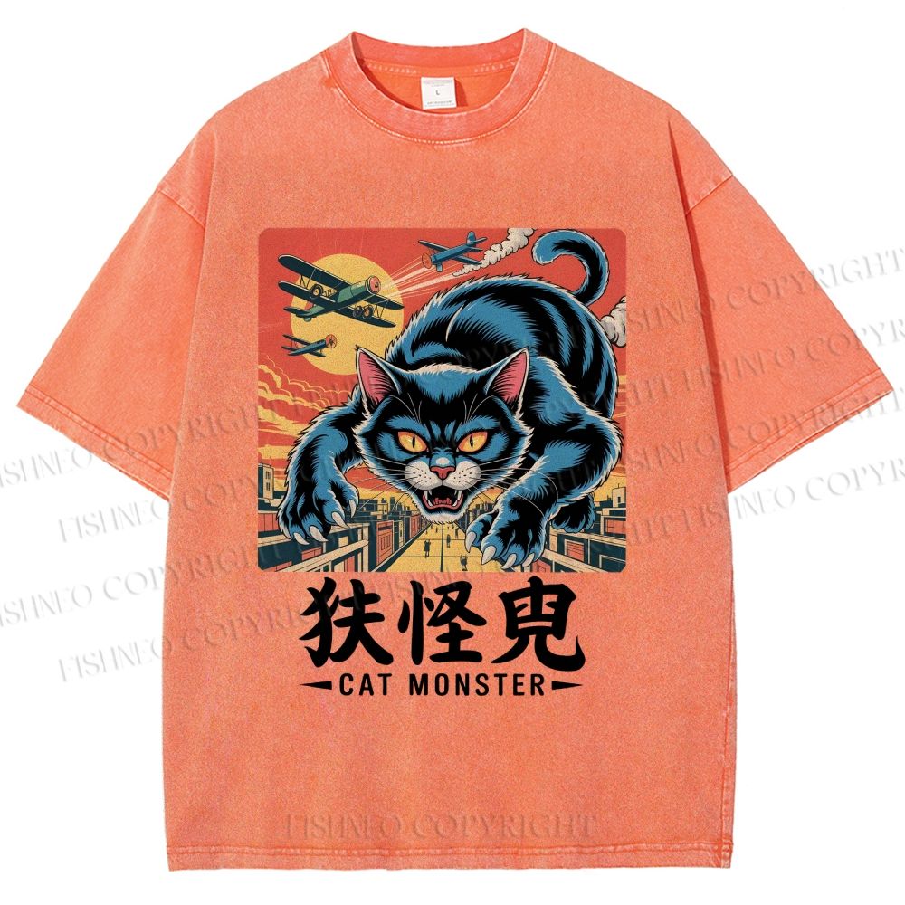 Unisex Cat Monster Printed Washed Tee