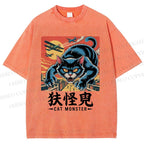 Unisex Cat Monster Printed Washed Tee