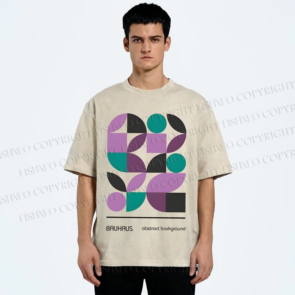 Unisex Bauhaus Geometric Color Blocks Printed Washed Tee