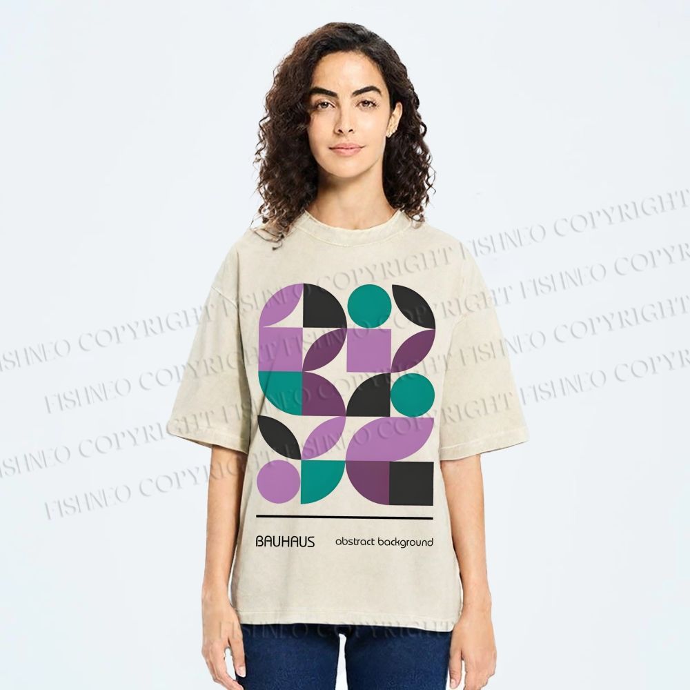Unisex Bauhaus Geometric Color Blocks Printed Washed Tee