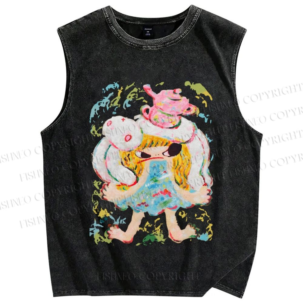 Unisex Ayako Rokkaku Upset Girl With Bunny Toy Printed Washed Tank Top