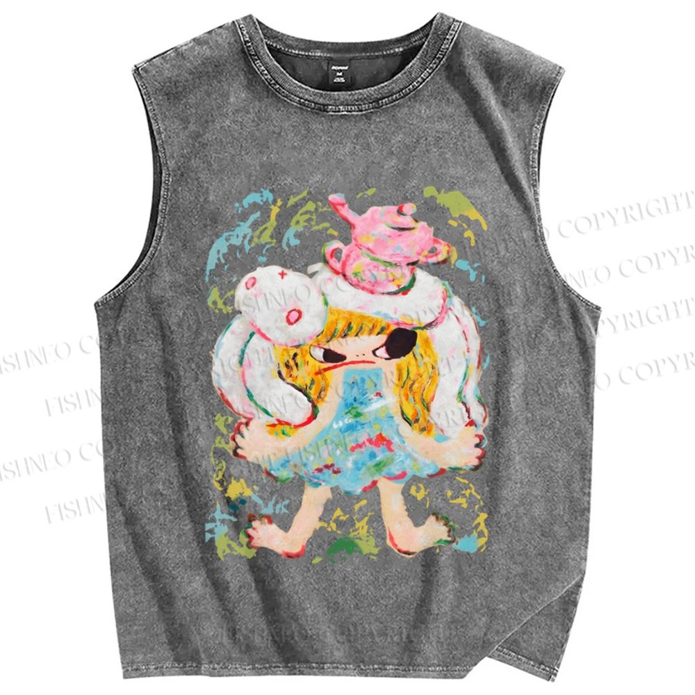 Unisex Ayako Rokkaku Upset Girl With Bunny Toy Printed Washed Tank Top