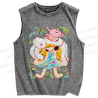 Unisex Ayako Rokkaku Upset Girl With Bunny Toy Printed Washed Tank Top