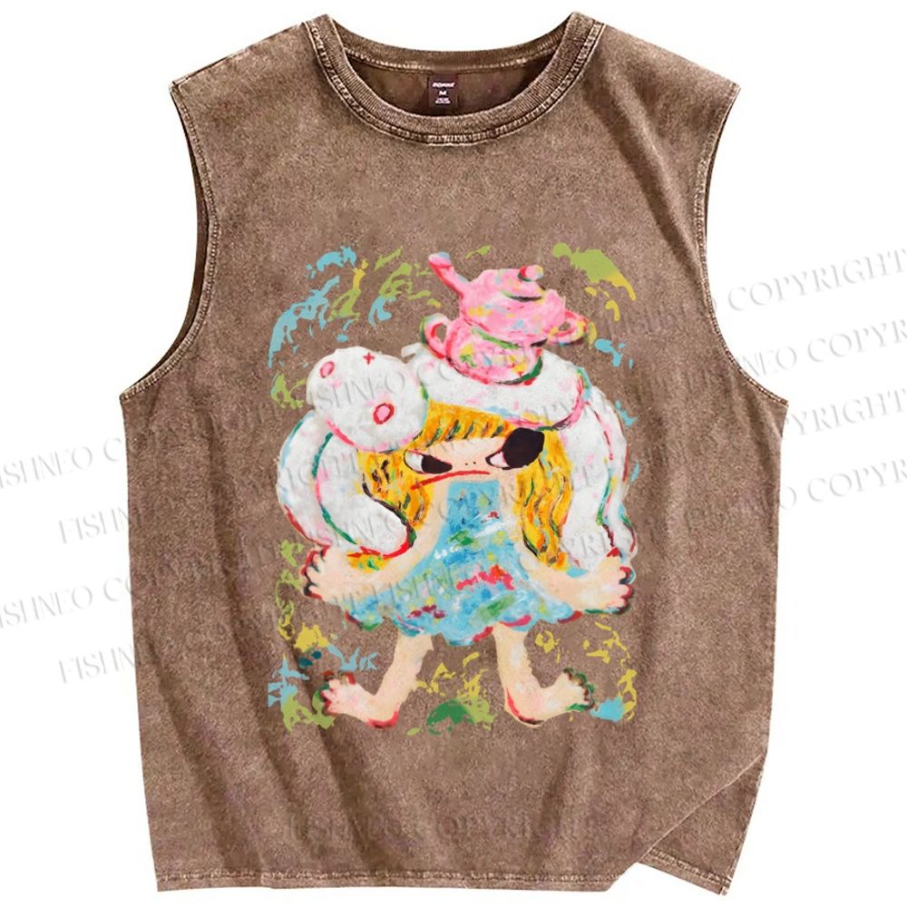Unisex Ayako Rokkaku Upset Girl With Bunny Toy Printed Washed Tank Top
