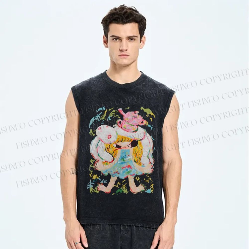 Unisex Ayako Rokkaku Upset Girl With Bunny Toy Printed Washed Tank Top