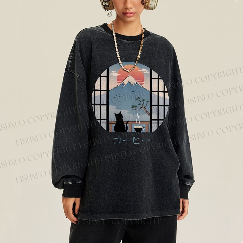 Unisex Casual Washed Mount Fuji Cat Printed Long Sleeve T-shirt