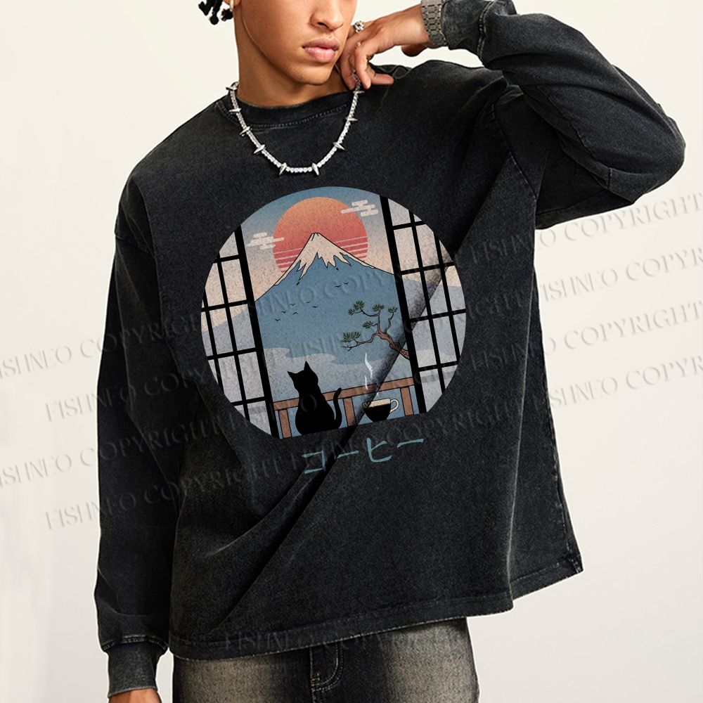 Unisex Casual Washed Mount Fuji Cat Printed Long Sleeve T-shirt
