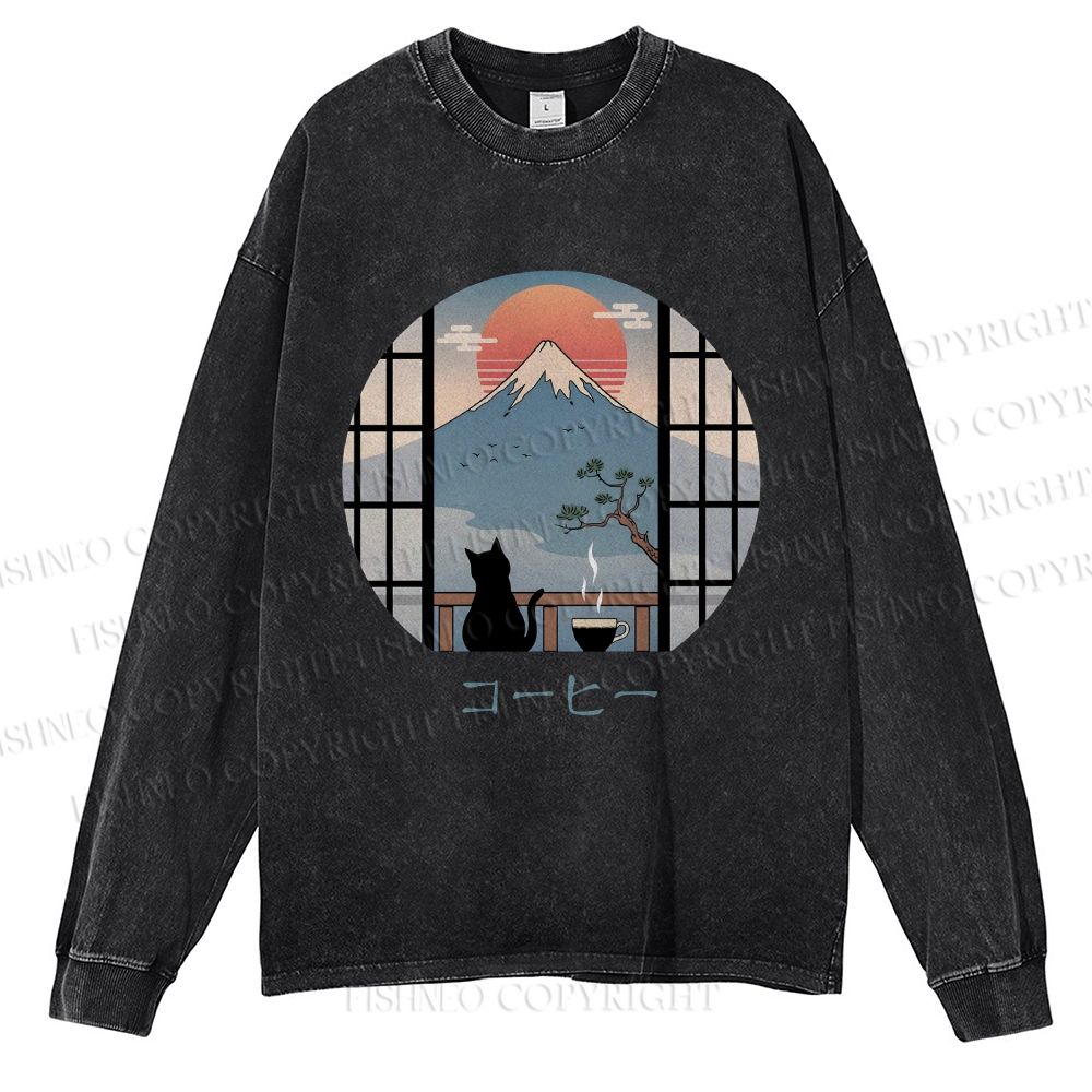 Unisex Casual Washed Mount Fuji Cat Printed Long Sleeve T-shirt