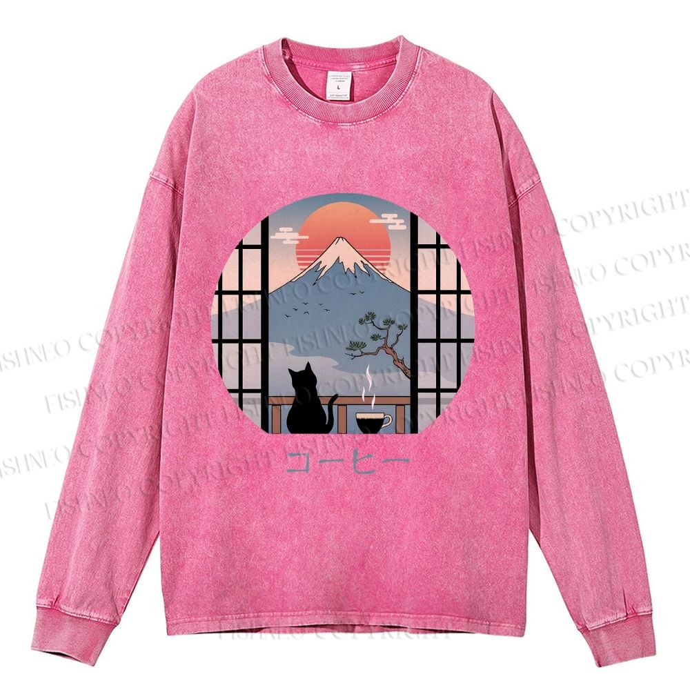 Unisex Casual Washed Mount Fuji Cat Printed Long Sleeve T-shirt