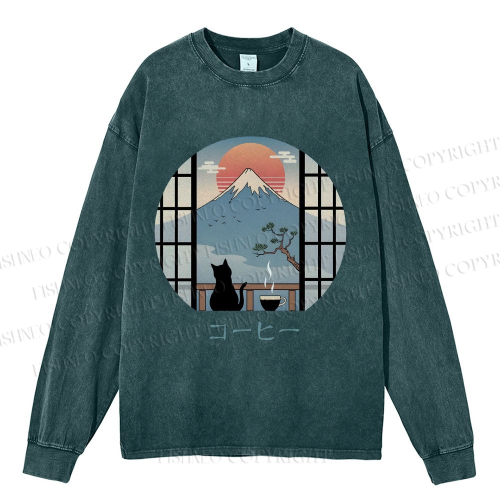 Unisex Casual Washed Mount Fuji Cat Printed Long Sleeve T-shirt