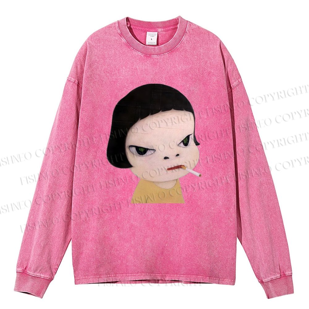 Unisex Casual Washed Yoshitomo Nara Smoking Printed Long Sleeve T-shirt