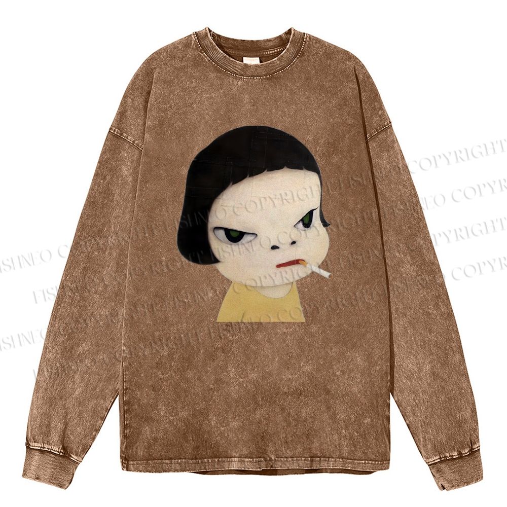 Unisex Casual Washed Yoshitomo Nara Smoking Printed Long Sleeve T-shirt