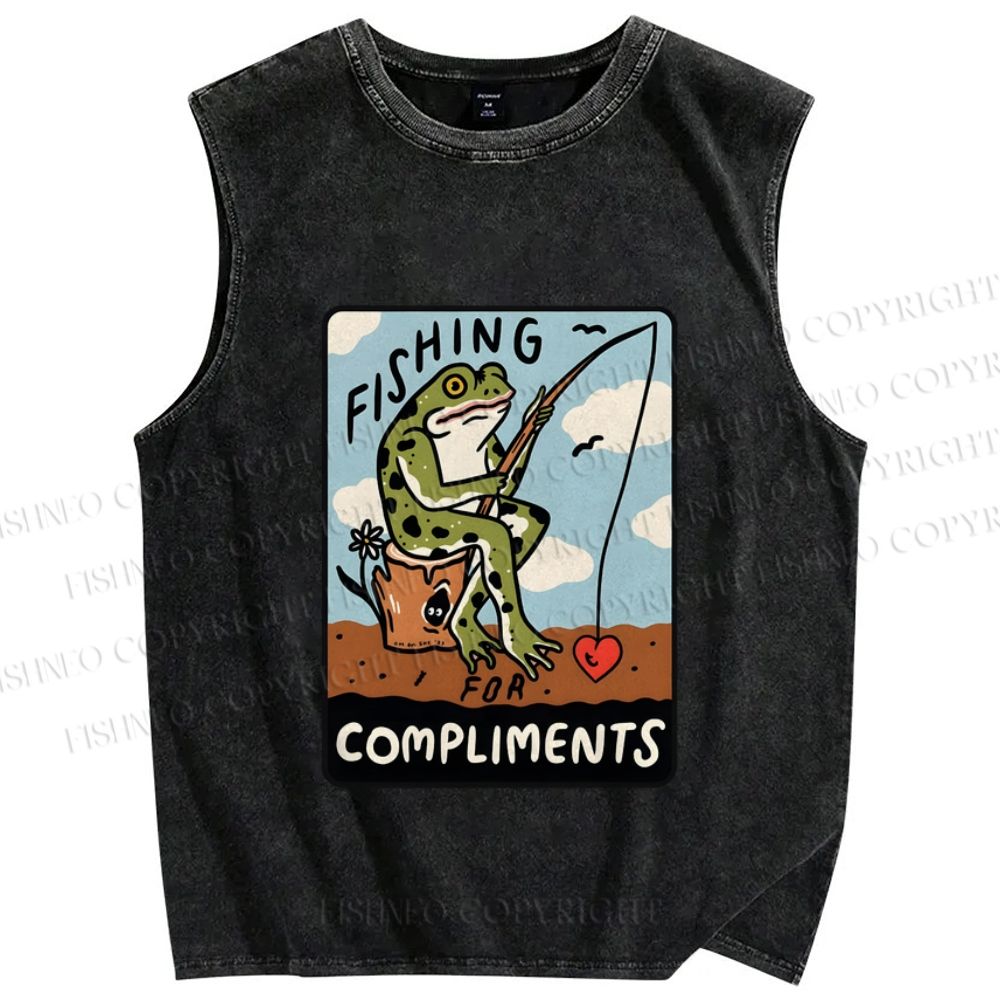 Unisex Fishing Frog Printed Washed Tank Top