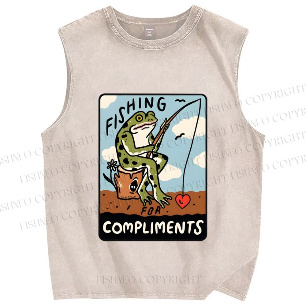 Unisex Fishing Frog Printed Washed Tank Top