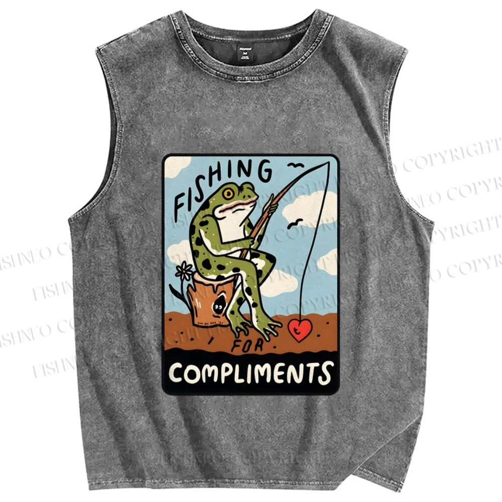 Unisex Fishing Frog Printed Washed Tank Top