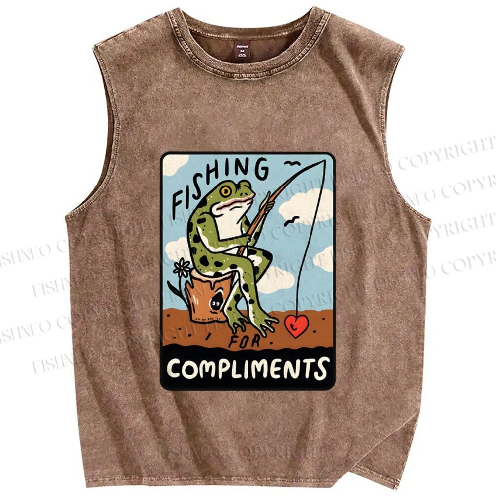Unisex Fishing Frog Printed Washed Tank Top