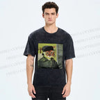 Unisex Van Gogh Cat Printed Washed Tee