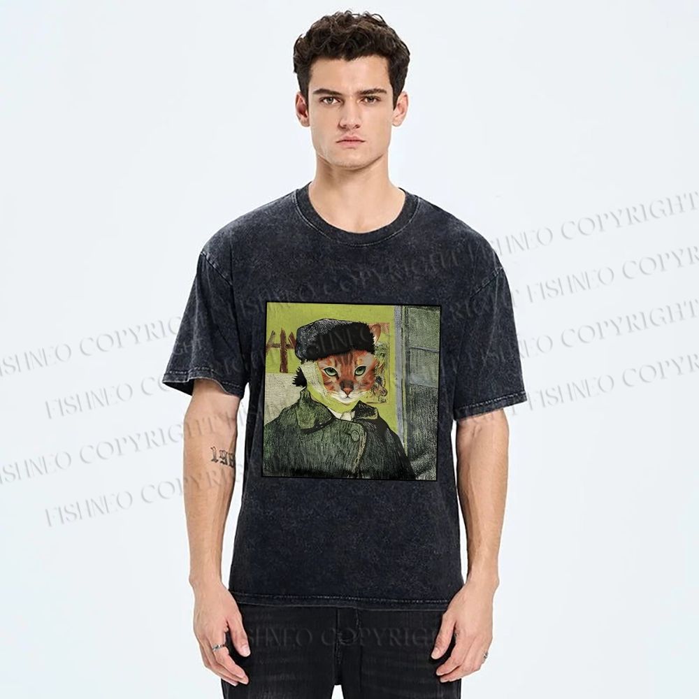 Unisex Van Gogh Cat Printed Washed Tee