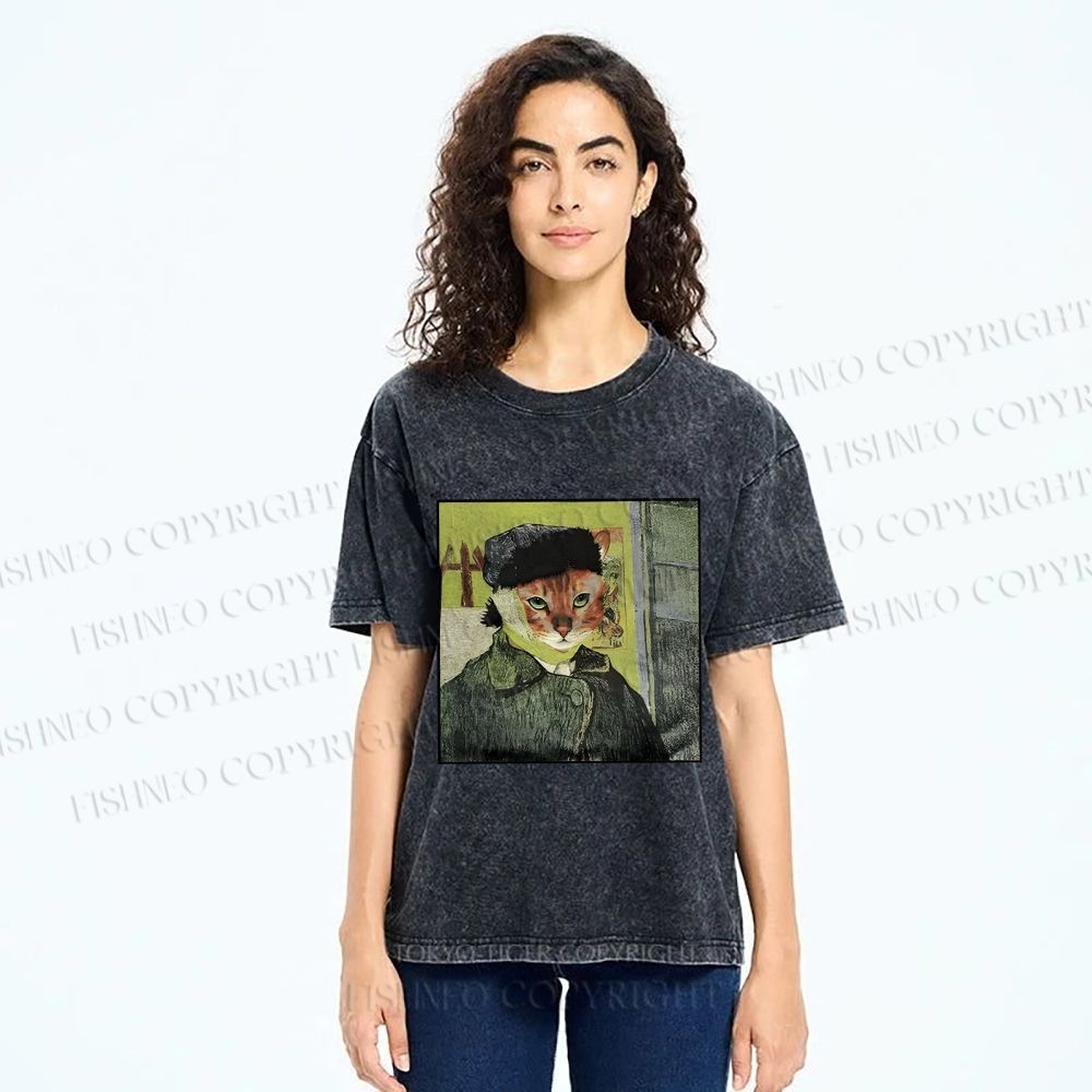 Unisex Van Gogh Cat Printed Washed Tee