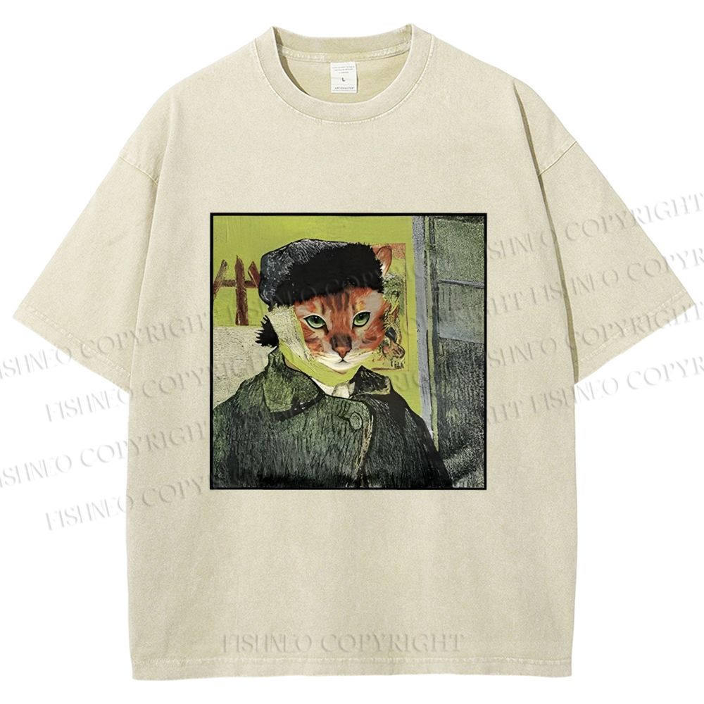 Unisex Van Gogh Cat Printed Washed Tee