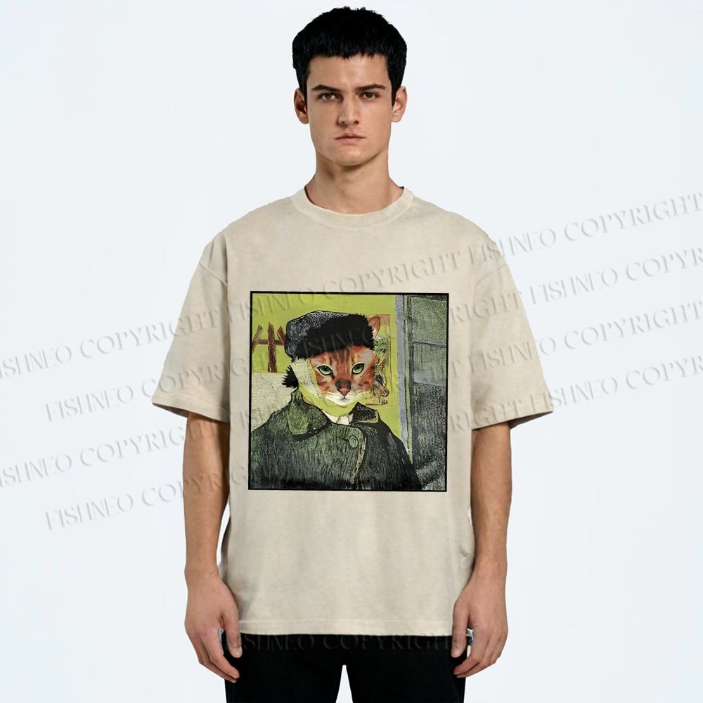 Unisex Van Gogh Cat Printed Washed Tee