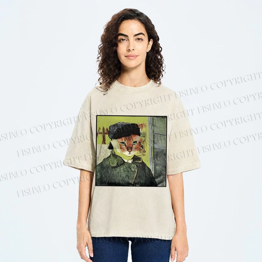 Unisex Van Gogh Cat Printed Washed Tee